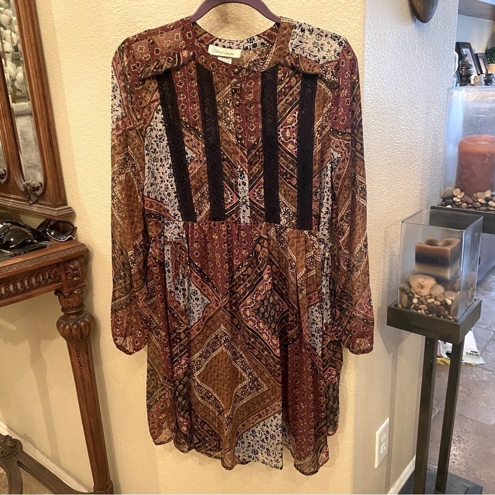 DAVINA Women Earthy Color Patterned Sheer Lined Boho Dress Size Medium